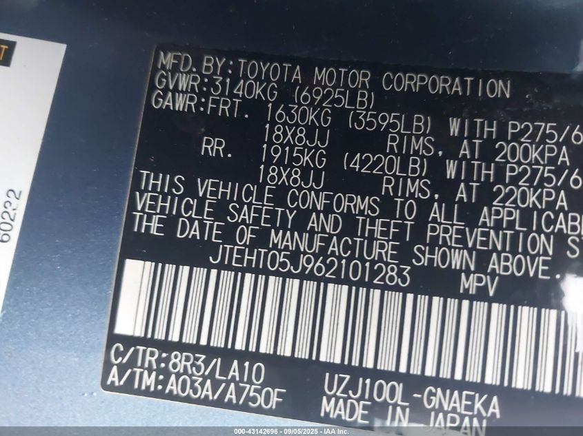 2006 Toyota Land Cruiser V8 VIN: JTEHT05J962101283 Lot: 43142696