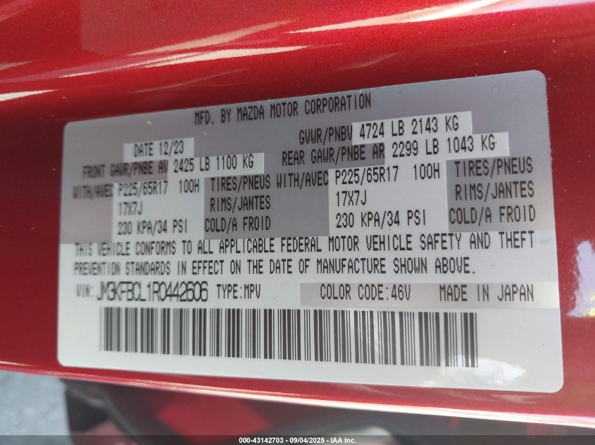 2024 Mazda Cx-5 2.5 S Preferred VIN: JM3KFBCL1R0442606 Lot: 43142703