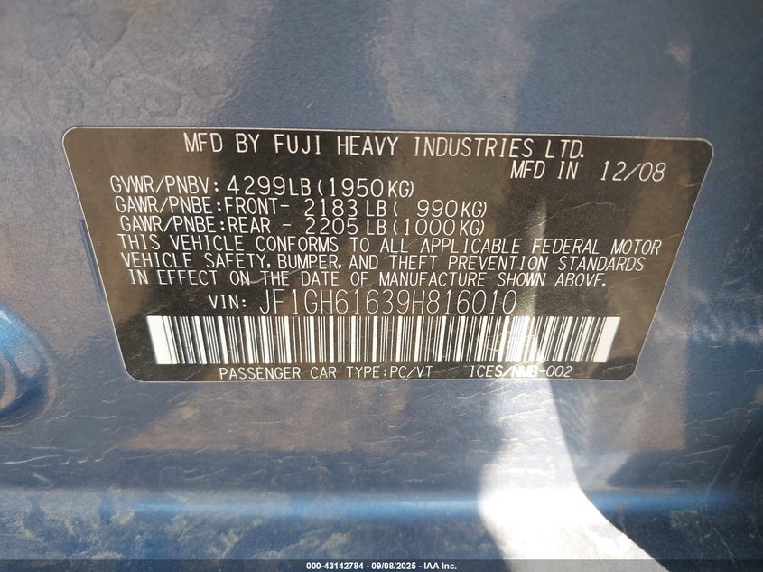 2009 Subaru Impreza 2.5I VIN: JF1GH61639H816010 Lot: 43142784