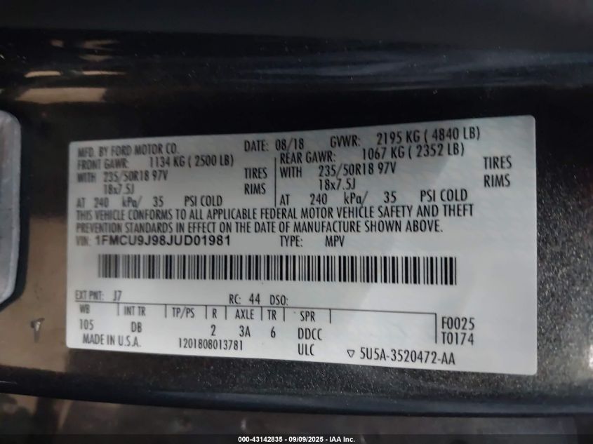 2018 Ford Escape Titanium VIN: 1FMCU9J98JUD01981 Lot: 43142835