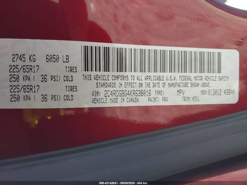 2019 Dodge Grand Caravan Se VIN: 2C4RDGBG4KR638016 Lot: 43142841