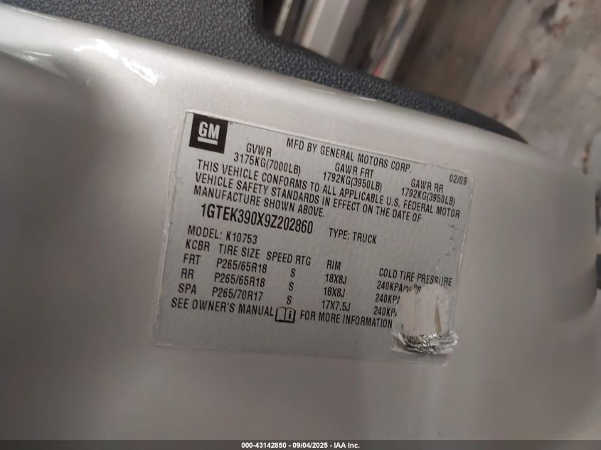 2009 GMC Sierra 1500 Slt VIN: 1GTEK390X9Z202860 Lot: 43142850