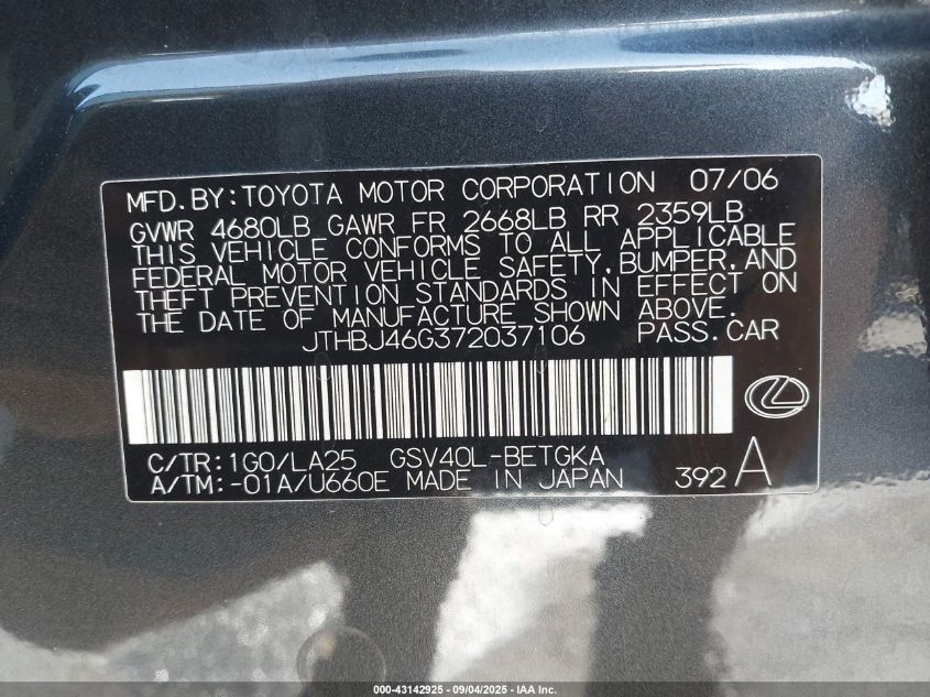 2007 Lexus Es 350 VIN: JTHBJ46G372037106 Lot: 43142925