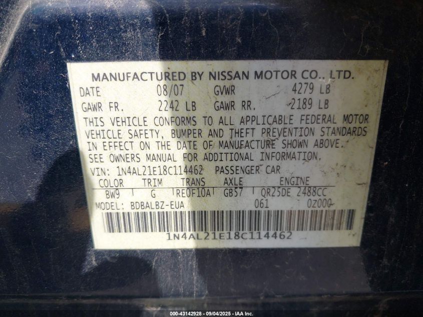 2008 Nissan Altima 2.5 S VIN: 1N4AL21E18C114462 Lot: 43142928