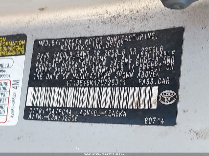 2007 Toyota Camry Se VIN: 4T1BE46K17U725311 Lot: 43142950