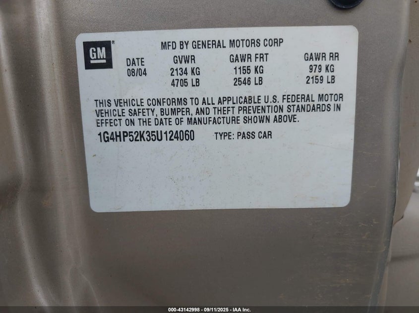 2005 Buick Lesabre Custom VIN: 1G4HP52K35U124060 Lot: 43142998