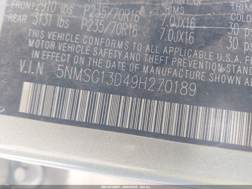 2009 Hyundai Santa Fe Gls VIN: 5NMSG13D49H270189 Lot: 43143007