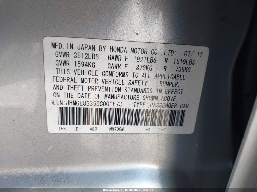 2013 HONDA FIT - JHMGE8G35DC001873