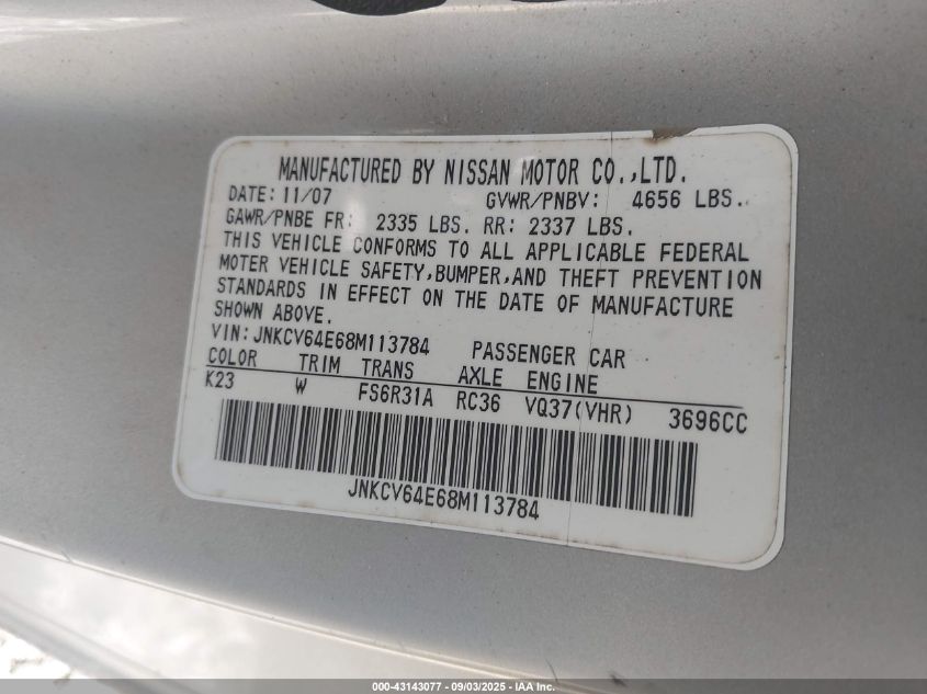 2008 Infiniti G37 Sport VIN: JNKCV64E68M113784 Lot: 43143077
