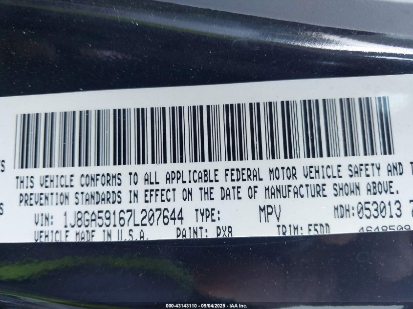 2007 Jeep Wrangler Unlimited Sahara VIN: 1J8GA59167L207644 Lot: 43143110