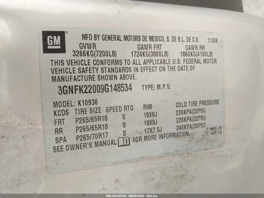 2009 Chevrolet Avalanche 1500 Lt2 VIN: 3GNFK22009G148534 Lot: 43143144