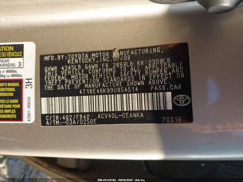 2009 Toyota Camry Le VIN: 4T1BE46K99U854514 Lot: 43143162