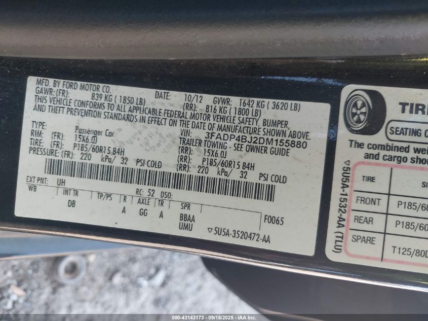 2013 Ford Fiesta Se VIN: 3FADP4BJ2DM155880 Lot: 43143173