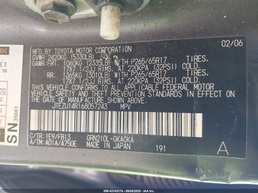 2006 Toyota 4Runner Sr5 Sport V6 VIN: JTEZU14R168057243 Lot: 43143174