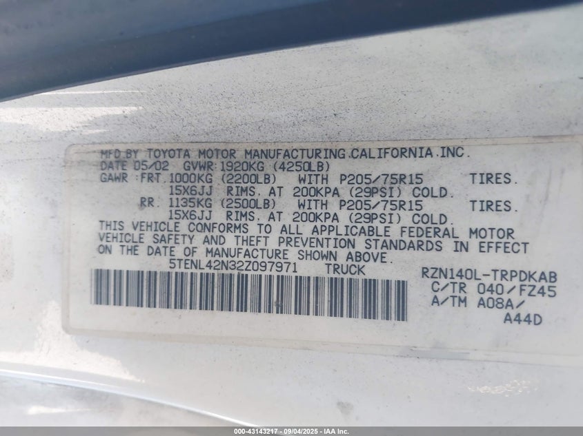 2002 Toyota Tacoma VIN: 5TENL42N32Z097971 Lot: 43143217