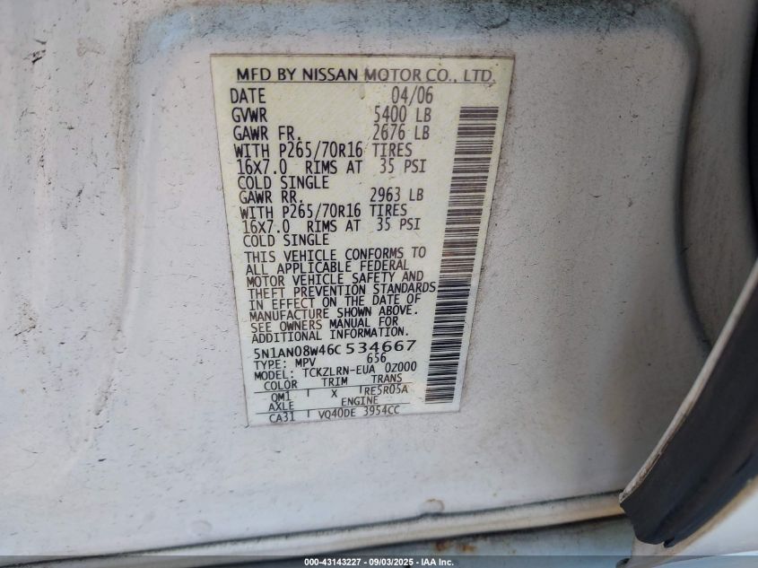 2006 Nissan Xterra S VIN: 5N1AN08W46C534667 Lot: 43143227