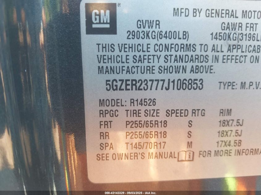 2007 Saturn Outlook Xr VIN: 5GZER23777J106853 Lot: 43143329