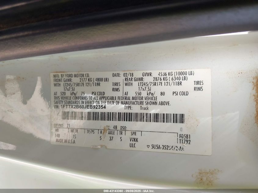 2018 Ford F-250 Xl VIN: 1FT7X2B60JEB92354 Lot: 43143360