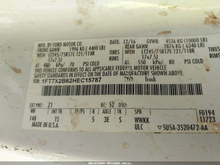 2017 Ford F-250 Xl VIN: 1FT7X2B62HEC15787 Lot: 43143366