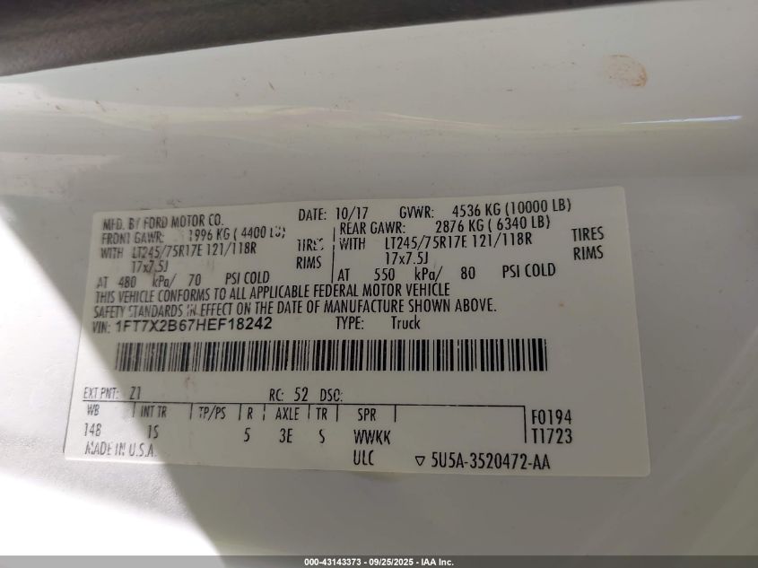 2017 Ford F-250 Xl VIN: 1FT7X2B67HEF18242 Lot: 43143373