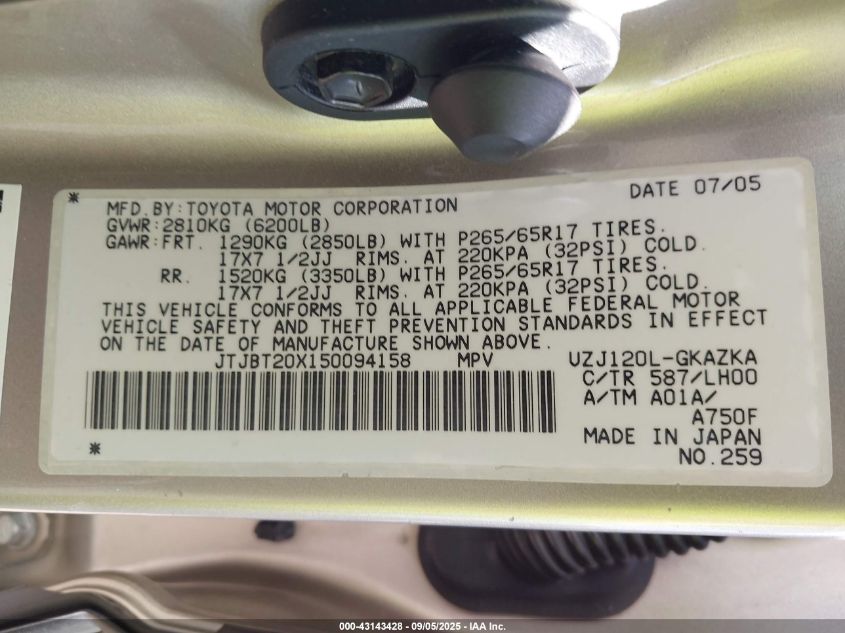 2005 Lexus Gx 470 VIN: JTJBT20X150094158 Lot: 43143428