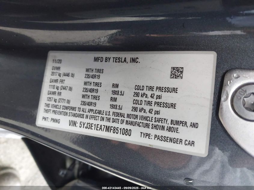2021 Tesla Model 3 Standard Range Plus Rear-Wheel Drive VIN: 5YJ3E1EA7MF851080 Lot: 43143445
