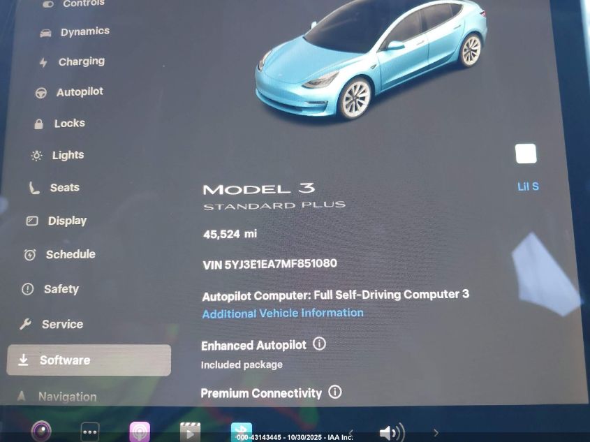 2021 Tesla Model 3 Standard Range Plus Rear-Wheel Drive VIN: 5YJ3E1EA7MF851080 Lot: 43143445