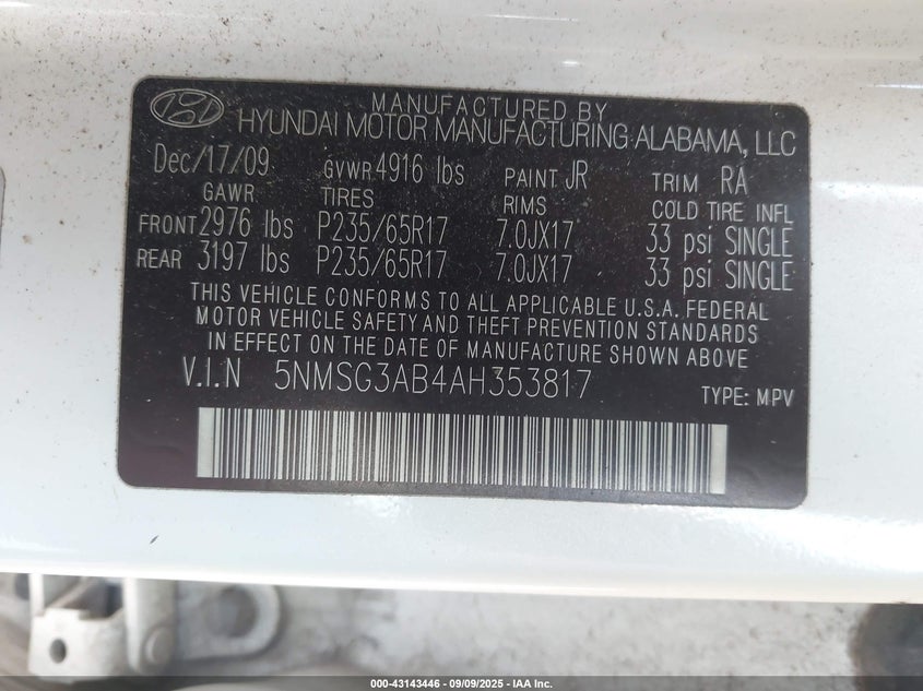 2010 Hyundai Santa Fe Gls VIN: 5NMSG3AB4AH353817 Lot: 43143446