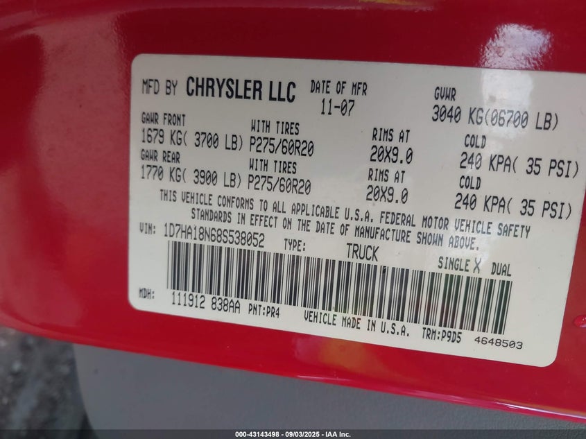 2008 Dodge Ram 1500 Slt VIN: 1D7HA18N68S538052 Lot: 43143498