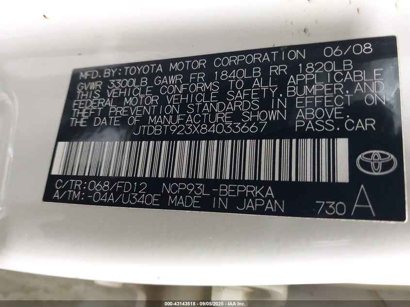 JTDBT923X84033667 2008 TOYOTA YARIS photo no. 9