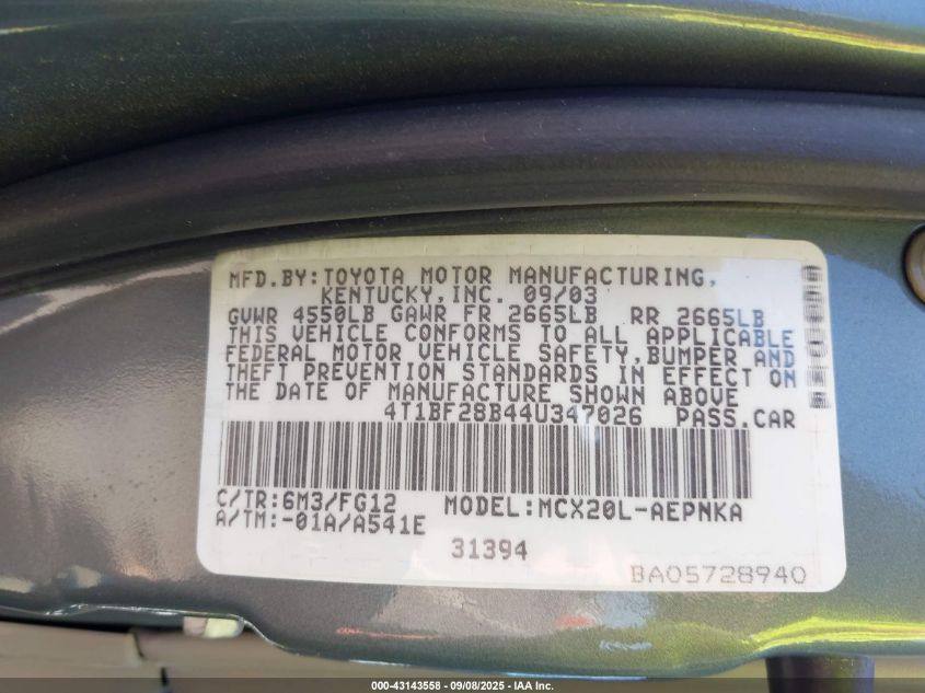 2004 Toyota Avalon Xl/Xls VIN: 4T1BF28B44U347026 Lot: 43143558