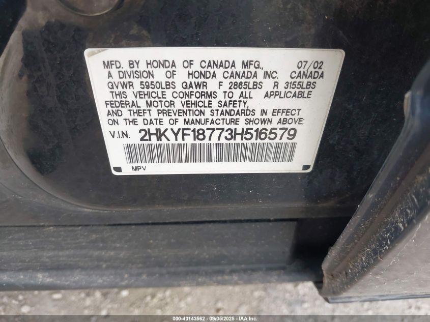 2003 Honda Pilot Ex-L VIN: 2HKYF18773H516579 Lot: 43143562