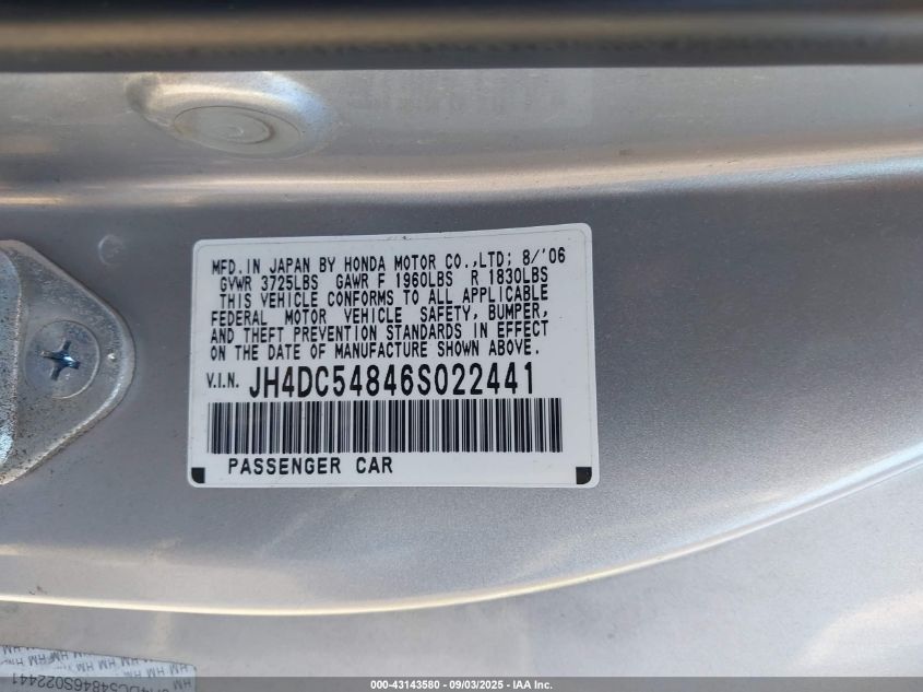 2006 Acura Rsx VIN: JH4DC54846S022441 Lot: 43143580