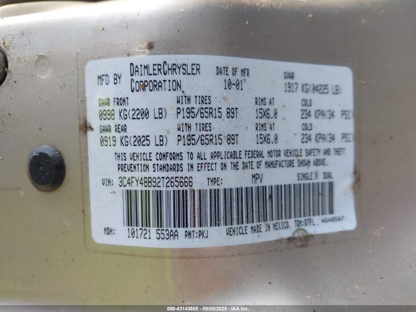 2002 Chrysler Pt Cruiser VIN: 3C4FY48B92T265666 Lot: 43143608