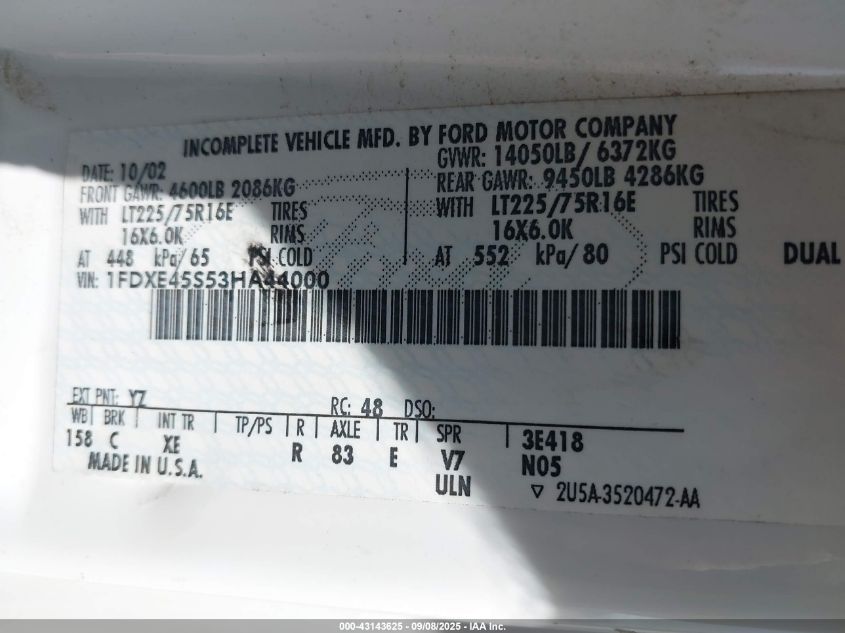 2003 Ford E-450 Cutaway Standard VIN: 1FDXE45S53HA44000 Lot: 43143625