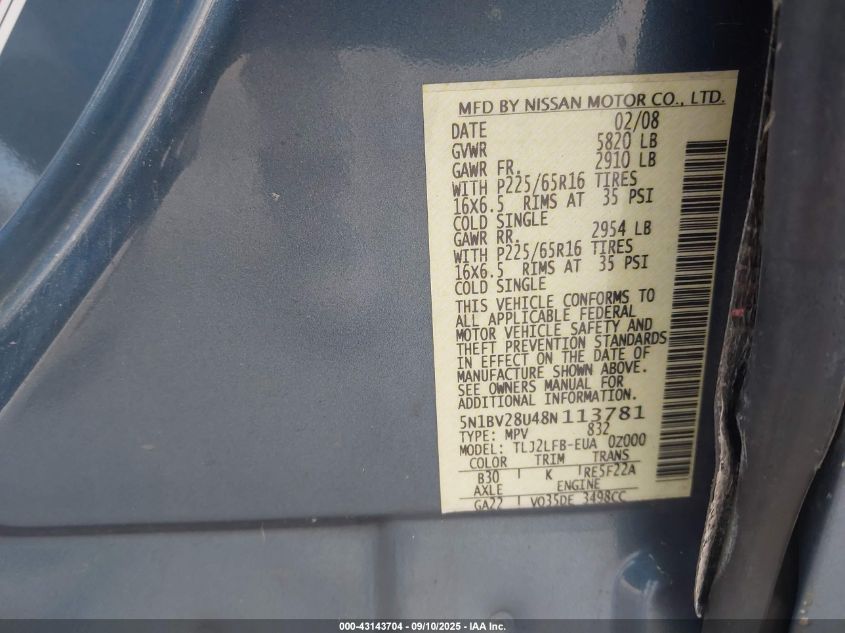 2008 Nissan Quest 3.5 VIN: 5N1BV28U48N113781 Lot: 43143704