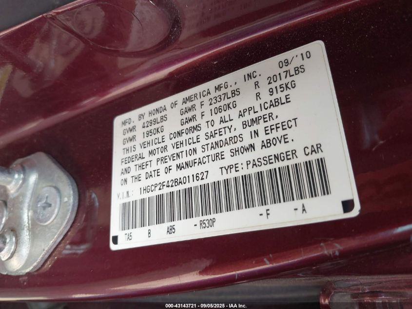2011 Honda Accord 2.4 Lx-P VIN: 1HGCP2F42BA011627 Lot: 43143721