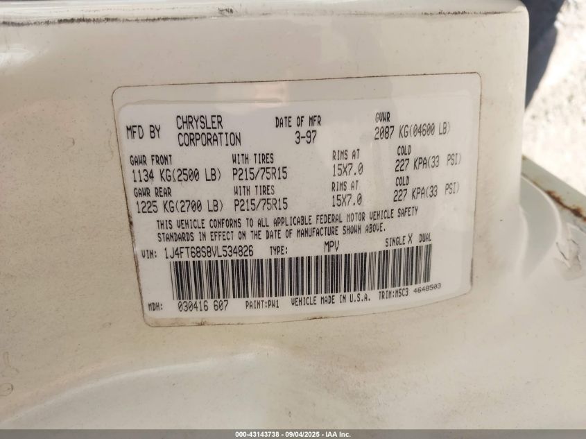 1997 Jeep Cherokee Sport VIN: 1J4FT68S8VL534826 Lot: 43143738