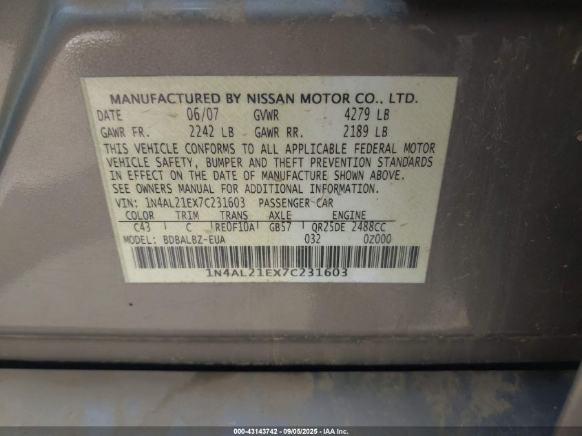 2007 Nissan Altima 2.5 S VIN: 1N4AL21EX7C231603 Lot: 43143742