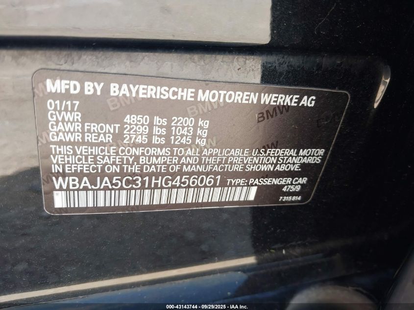 2017 BMW 530I VIN: WBAJA5C31HG456061 Lot: 43143744