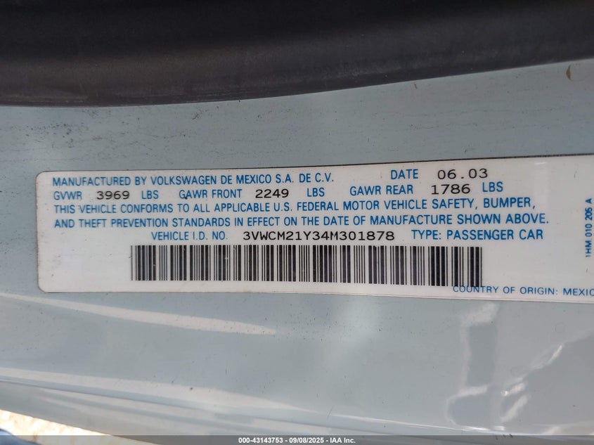 2004 Volkswagen New Beetle Gls VIN: 3VWCM21Y34M301878 Lot: 43143753