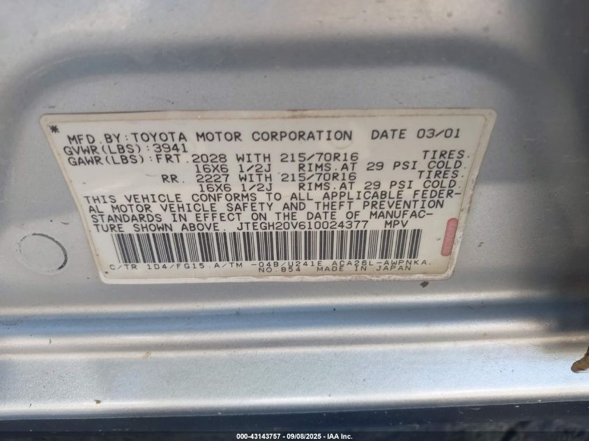 2001 Toyota Rav4 VIN: JTEGH20V610024377 Lot: 43143757