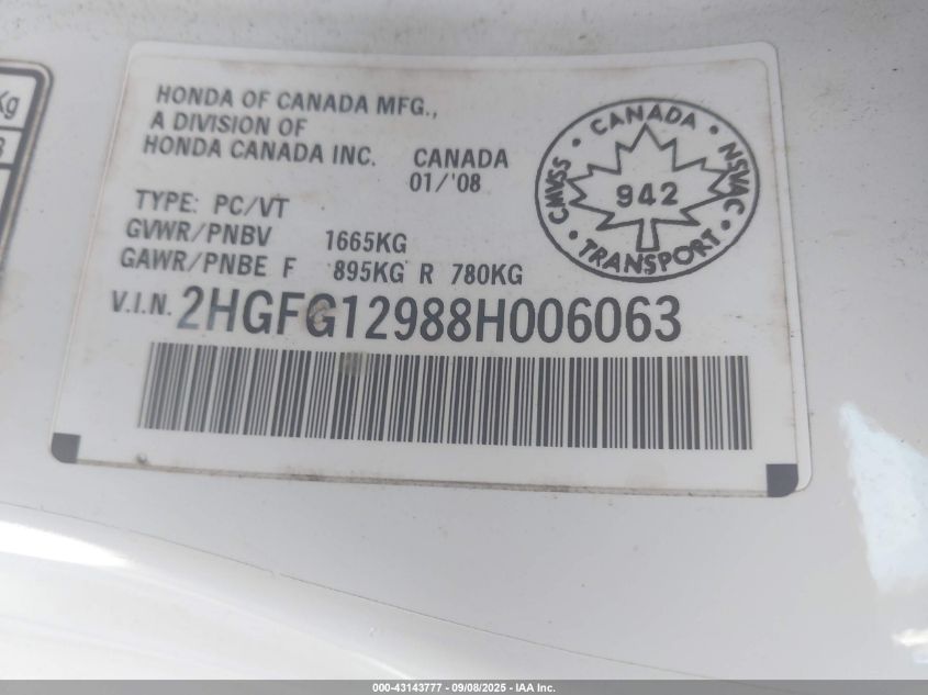 2008 Honda Civic Ex-L VIN: 2HGFG12988H006063 Lot: 43818961