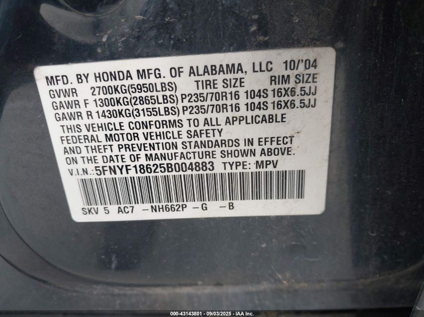 2005 Honda Pilot Ex-L VIN: 5FNYF18625B004883 Lot: 43143801