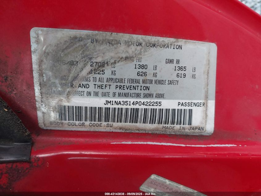 1993 Mazda Mx-5 Miata VIN: JM1NA3514P0422255 Lot: 43143838