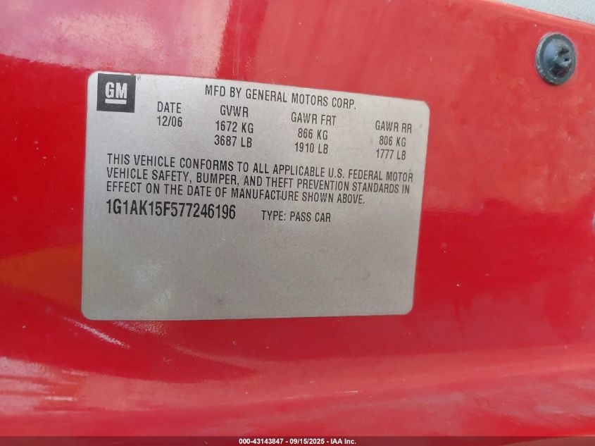 2007 Chevrolet Cobalt Ls VIN: 1G1AK15F577246196 Lot: 43143847