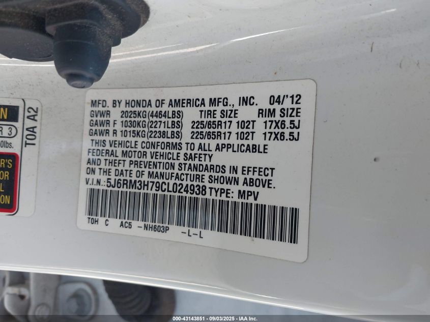 2012 Honda Cr-V Ex-L VIN: 5J6RM3H79CL024938 Lot: 43143851