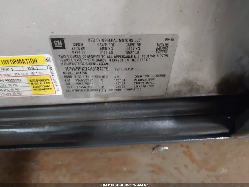 2017 Chevrolet Traverse Ls VIN: 1GNKRFKD4HJ184776 Lot: 43143860