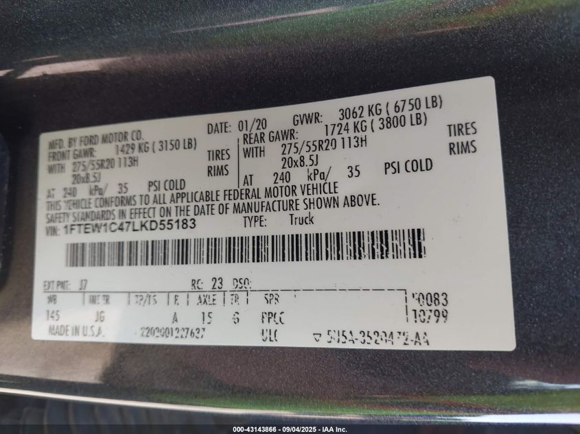 2020 Ford F-150 Xl VIN: 1FTEW1C47LKD55183 Lot: 43143866