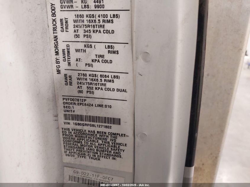 2020 Chevrolet Express Cutaway Work Van VIN: 1GB0GRFG8L1271802 Lot: 43143867